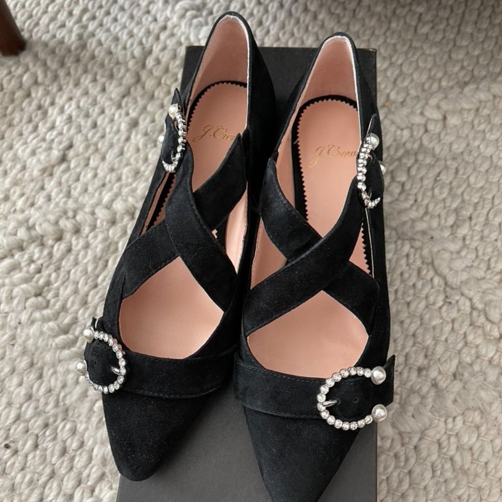 Black JCrew criss cross ballet flats with pearl and crystal buckles (size 5.5)